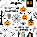 Seamless pattern happy halloween pumpkin, bat, spider, cross, skull, ghost vector illustration Royalty Free Stock Photo